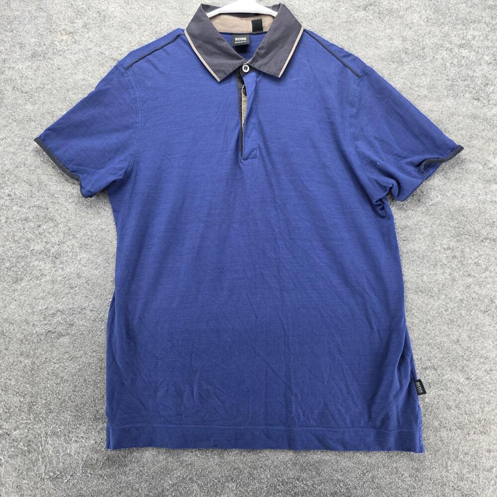 Hugo Boss Polo Shirt Mens L Blue Solid Cotton Collared Regular Fit Short Sleeve
